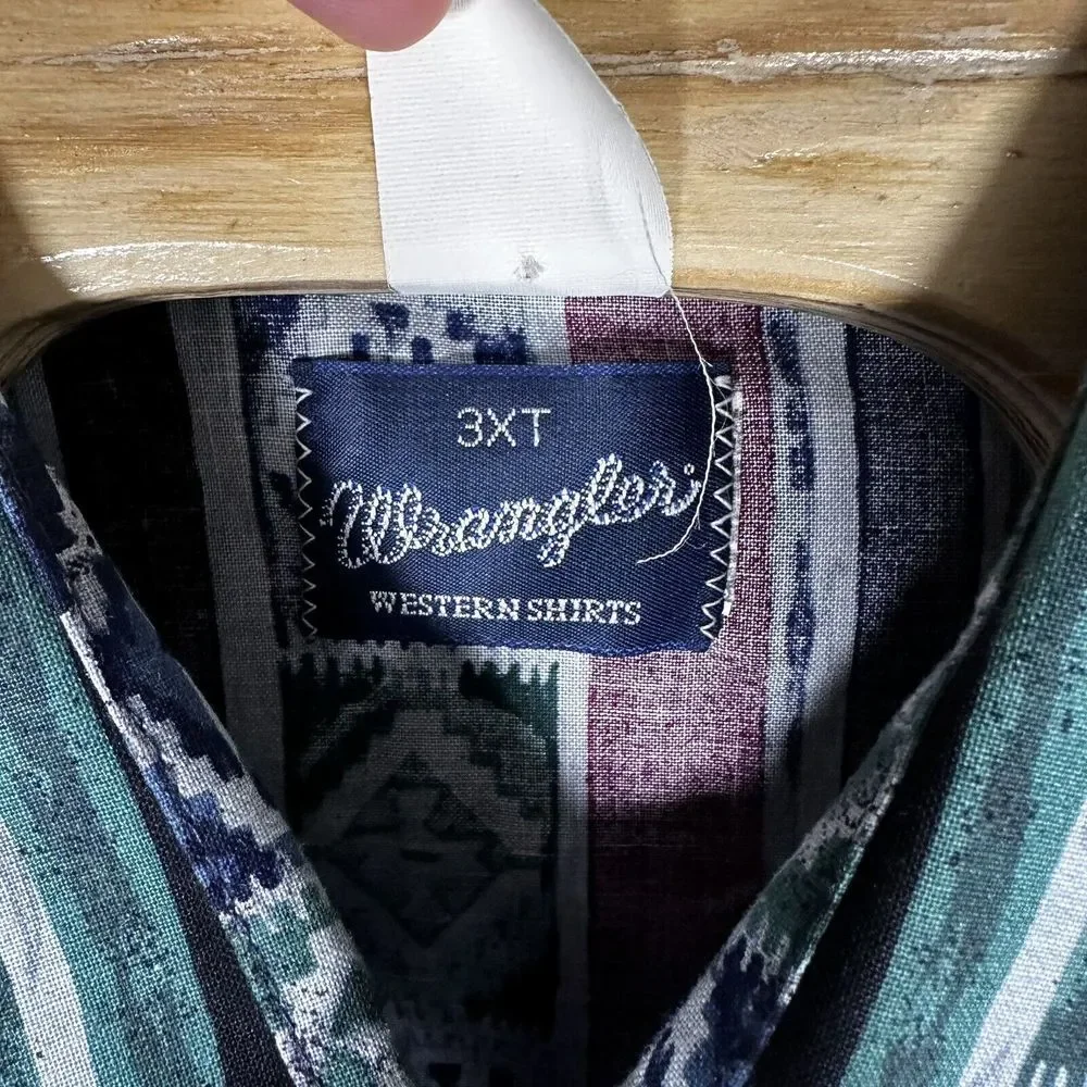 Vintage Wrangler Brushpopper Southwestern Aztec Print Pearl Snap 3XT Cotton‎ - Picture 4 of 5